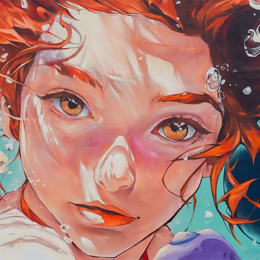 Sirena pelirroja bajo el agua en el mural Under the Sea del festival Efímurs