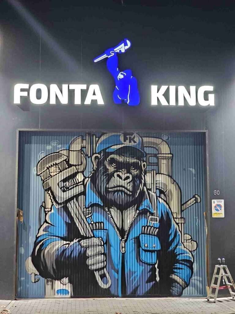 Mural en fachada de negocio Fontaking con gorila fontanero y llave inglesa sobre puerta industrial
