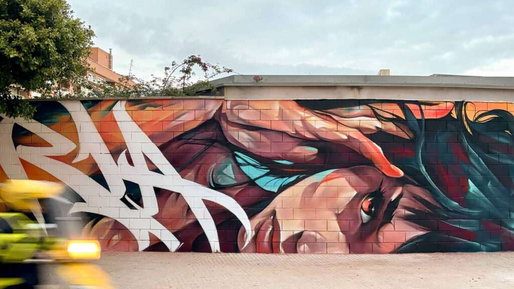 Graffiti de rostro expresivo realizado en Alaquàs por encargo del Ayuntamiento