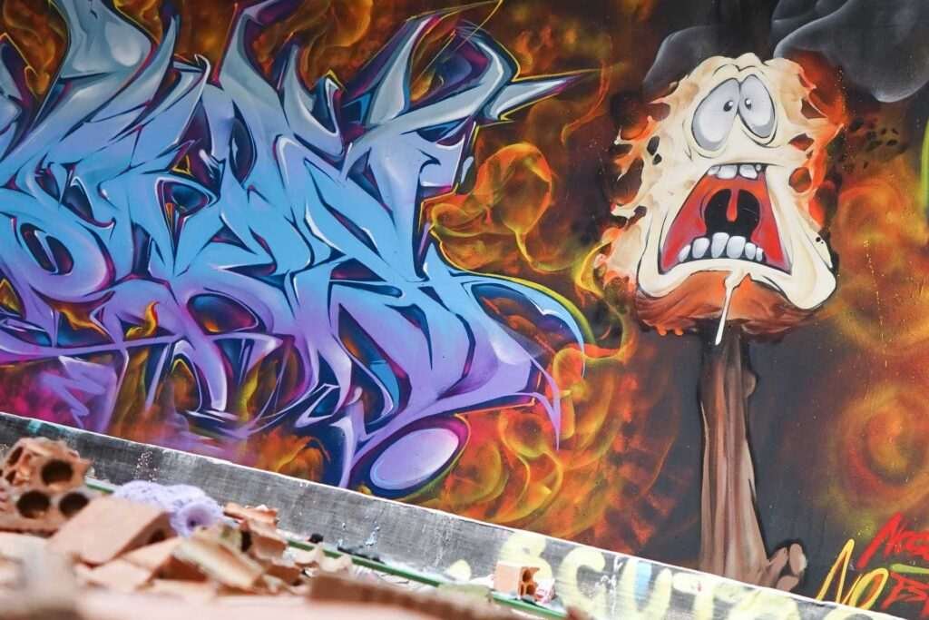 Mural de graffiti de Bob Esponja con estilo malvavisco y colores vibrantes para decorar con humor