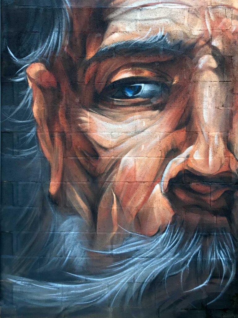 Graffiti de Don Quijote y aves en mural público en Villacañas, Toledo