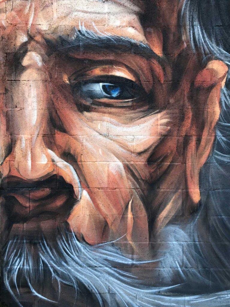 Graffiti de Don Quijote y aves en mural público en Villacañas, Toledo