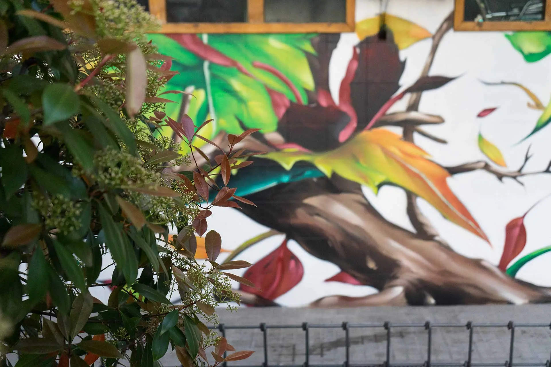 Mural con ramas y hojas en fachada de Farmacia Parque9, graffiti para imagen de salud