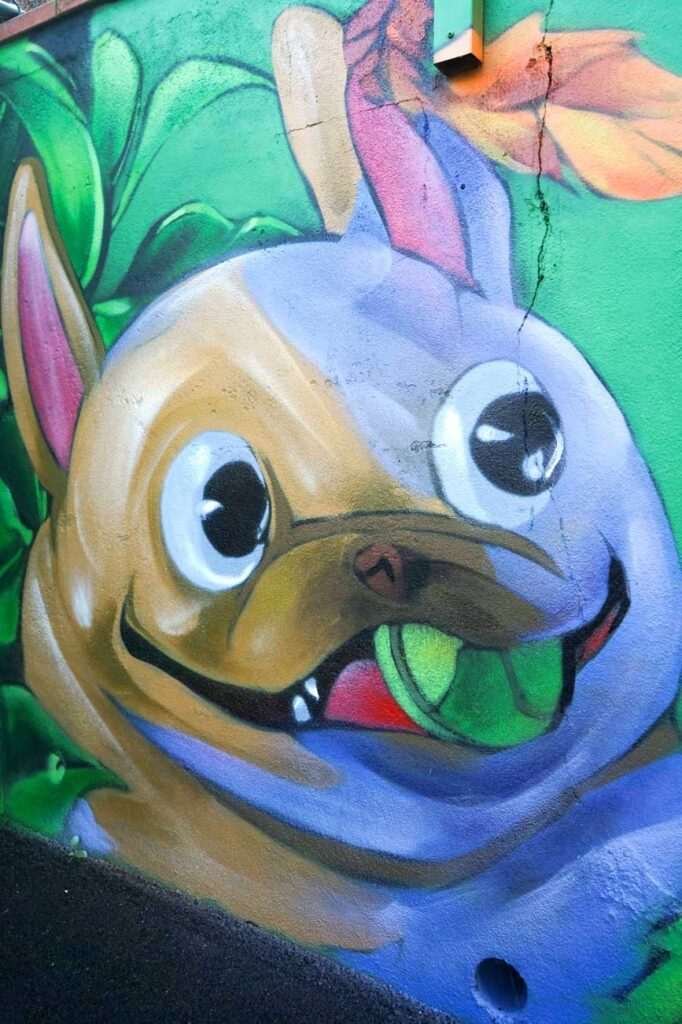 Detalle de personaje animal con pelota verde dentro del mural decorativo del hotel de mascotas