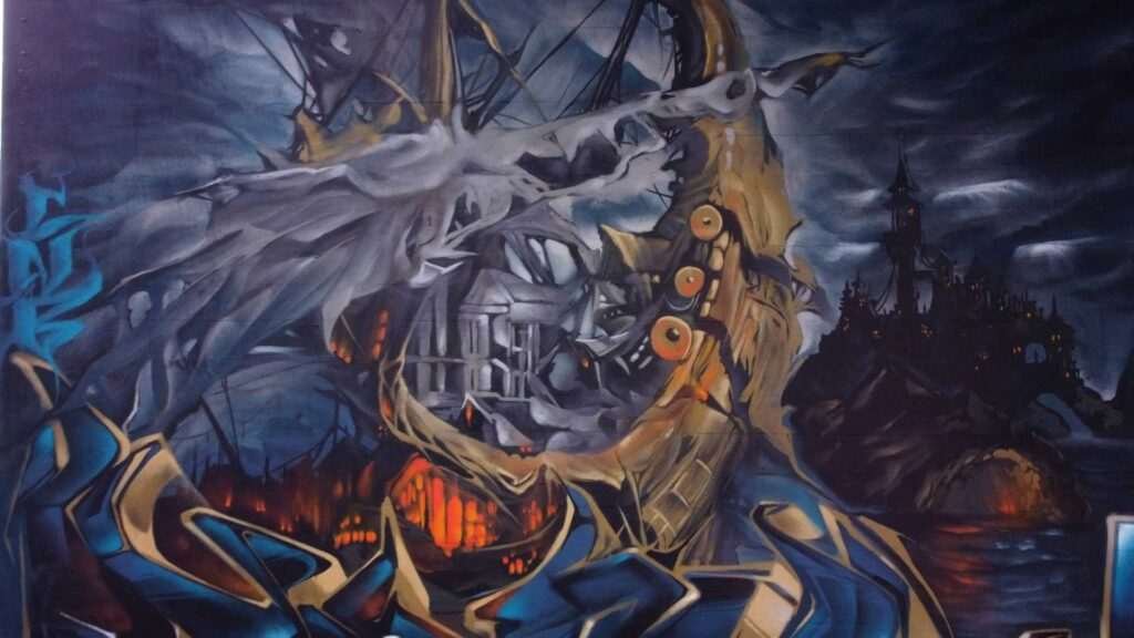 Graffiti artístico de barco y ciudad oscura en Dordrecht