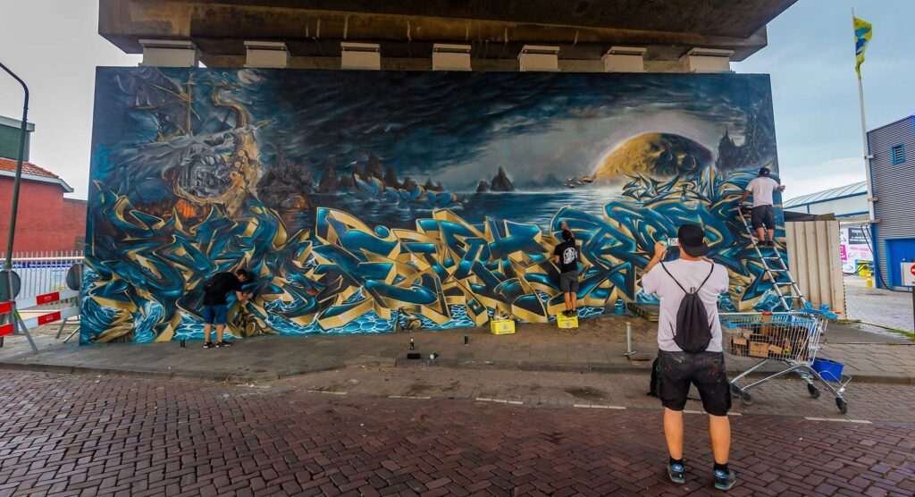 Graffiti artístico de barco y ciudad oscura en Dordrecht