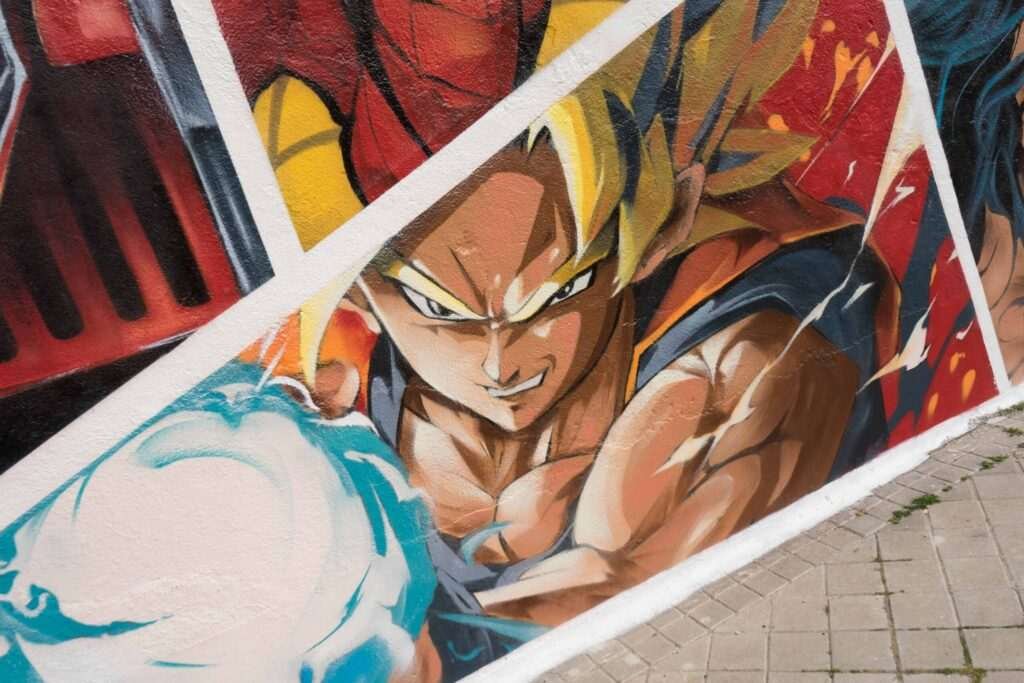 Mural en Akira Books Madrid con Spiderman, Goku, Wonder Woman, Luffy, Darth Vader y Black Panther