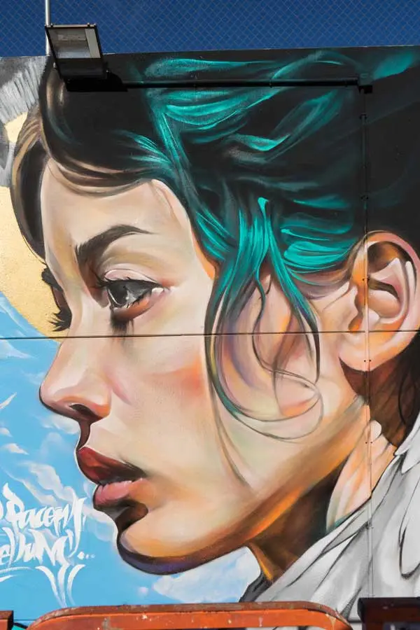 Retrato mural en fachada de edificio público en Godella, arte urbano profesional