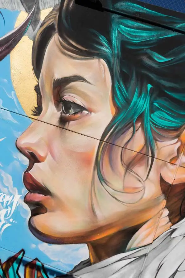 Retrato mural en fachada de edificio público en Godella, arte urbano profesional