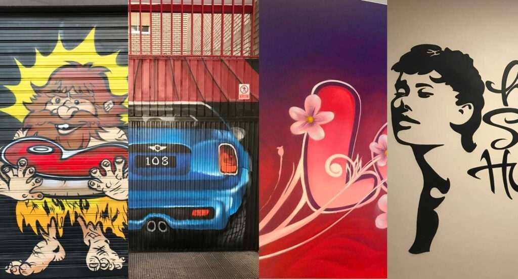 Resumen de murales en cierres metálicos y paredes para negocios con distintos estilos de graffiti