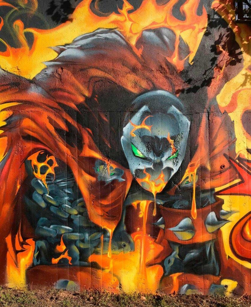 Graffiti de Spawn envuelto en llamas estilo cómic