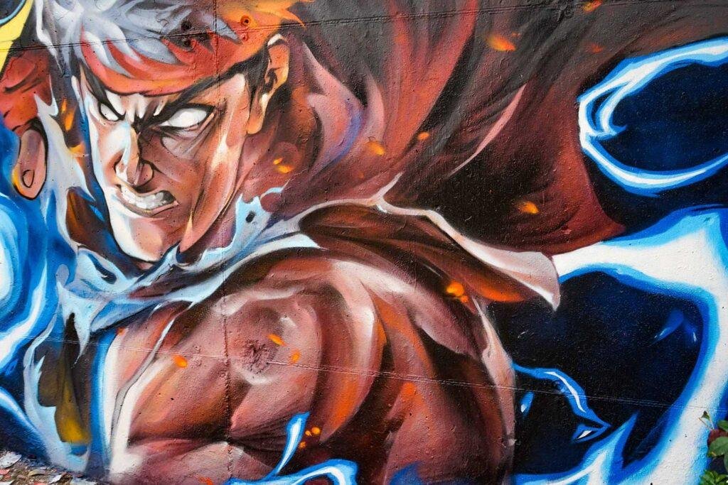Mural con Ryu de Street Fighter en estilo graffiti para decoración interior