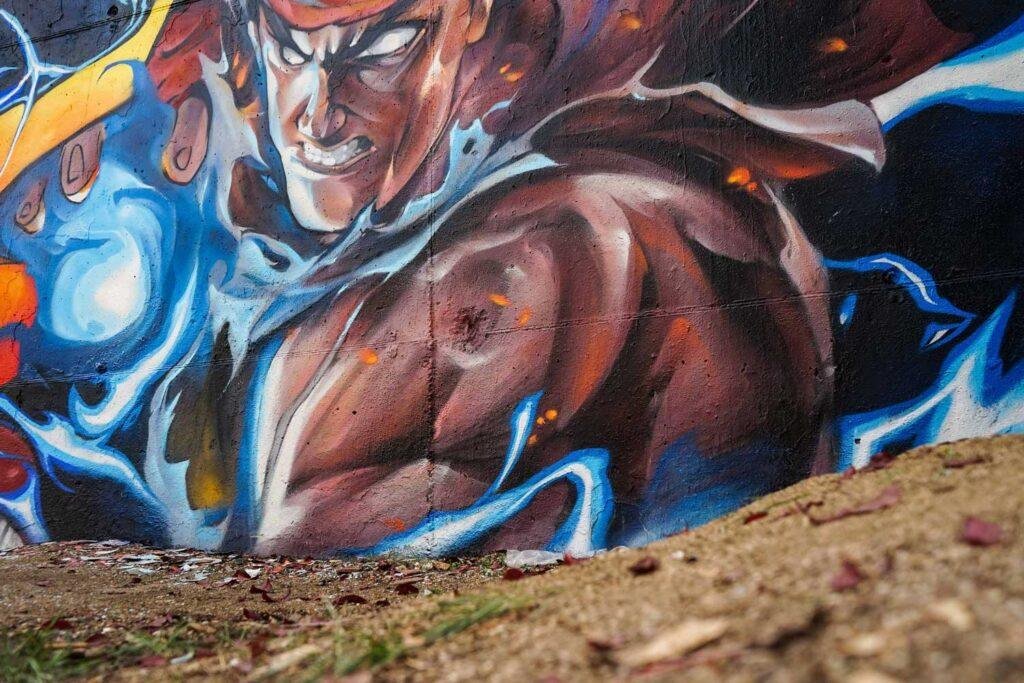 Mural con Ryu de Street Fighter en estilo graffiti para decoración interior
