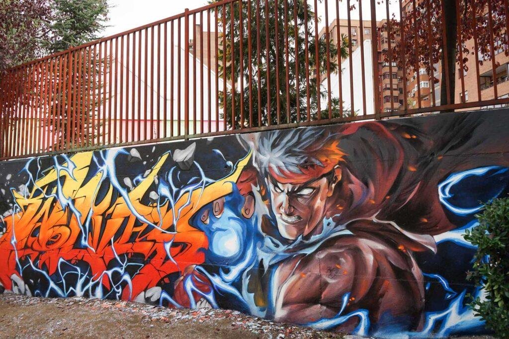 Mural con Ryu de Street Fighter en estilo graffiti para decoración interior