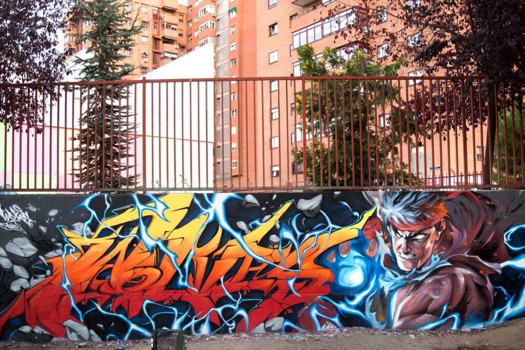 Mural con Ryu de Street Fighter en estilo graffiti para decoración interior