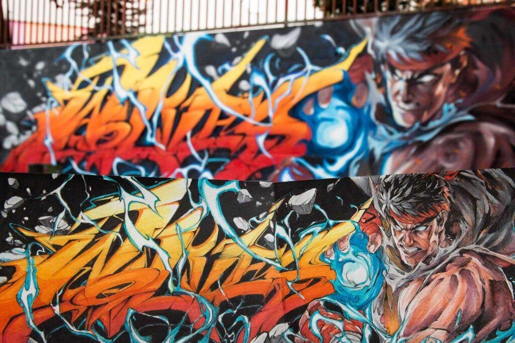 Mural con Ryu de Street Fighter en estilo graffiti para decoración interior