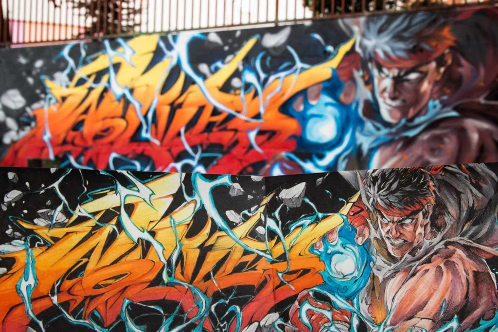 Mural con Ryu de Street Fighter en estilo graffiti para decoración interior