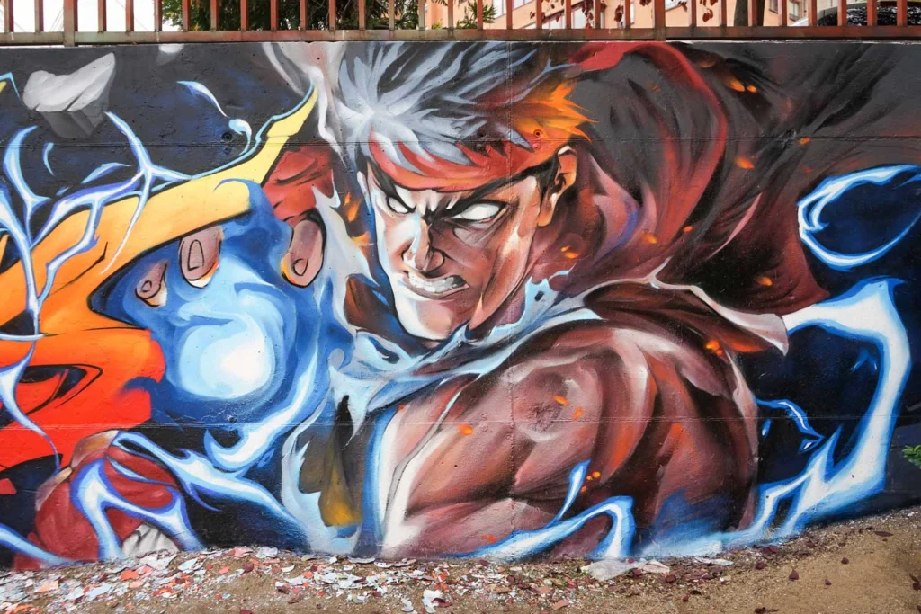 Mural con Ryu de Street Fighter en estilo graffiti para decoración interior