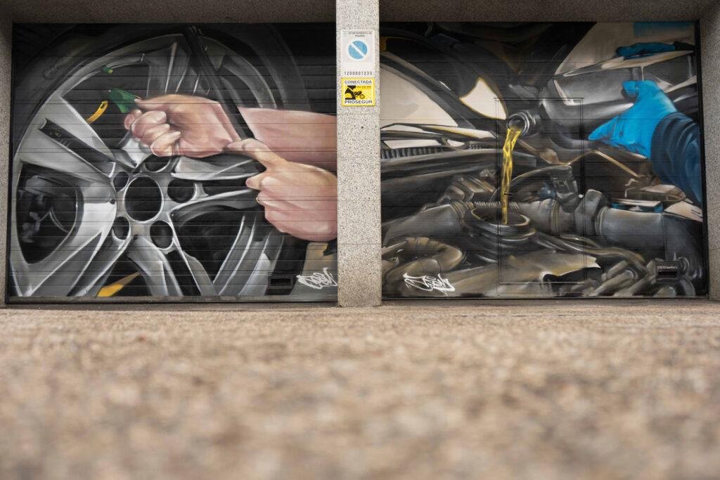 Mural mecánico realista en taller Euromaster Usera con motor y ruedas