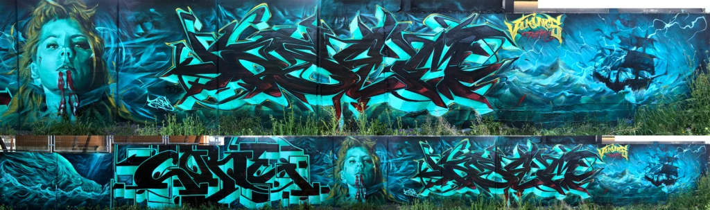Mural realista de Lagertha y barco vikingo en tormenta