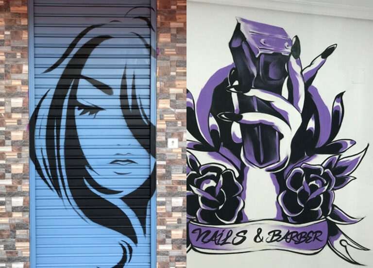 Murales urbano en salón Nails & Barber con silueta femenina y mano tatuada en tonos púrpura