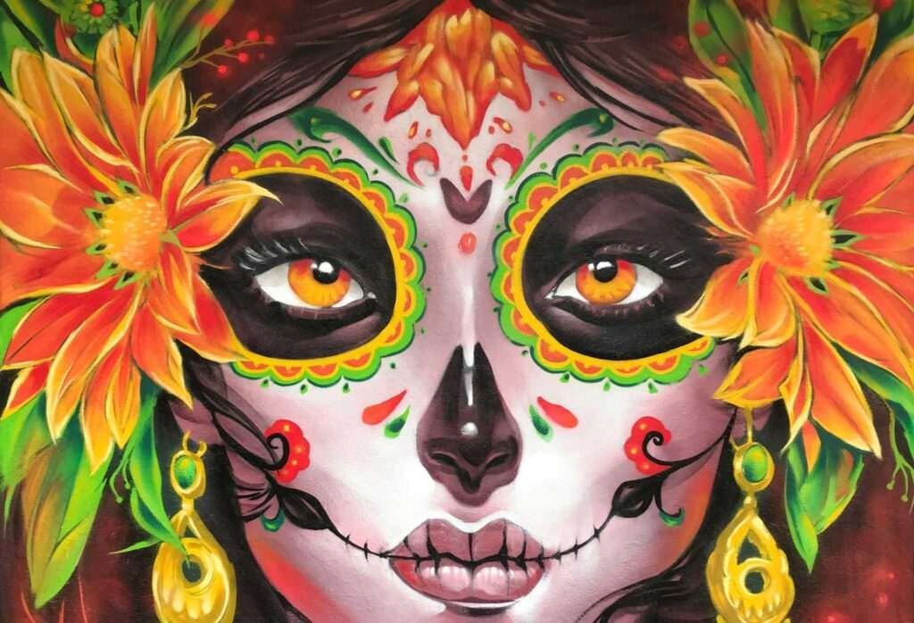Mural con Catrina mexicana en restaurante, graffiti con color y cultura en Madrid