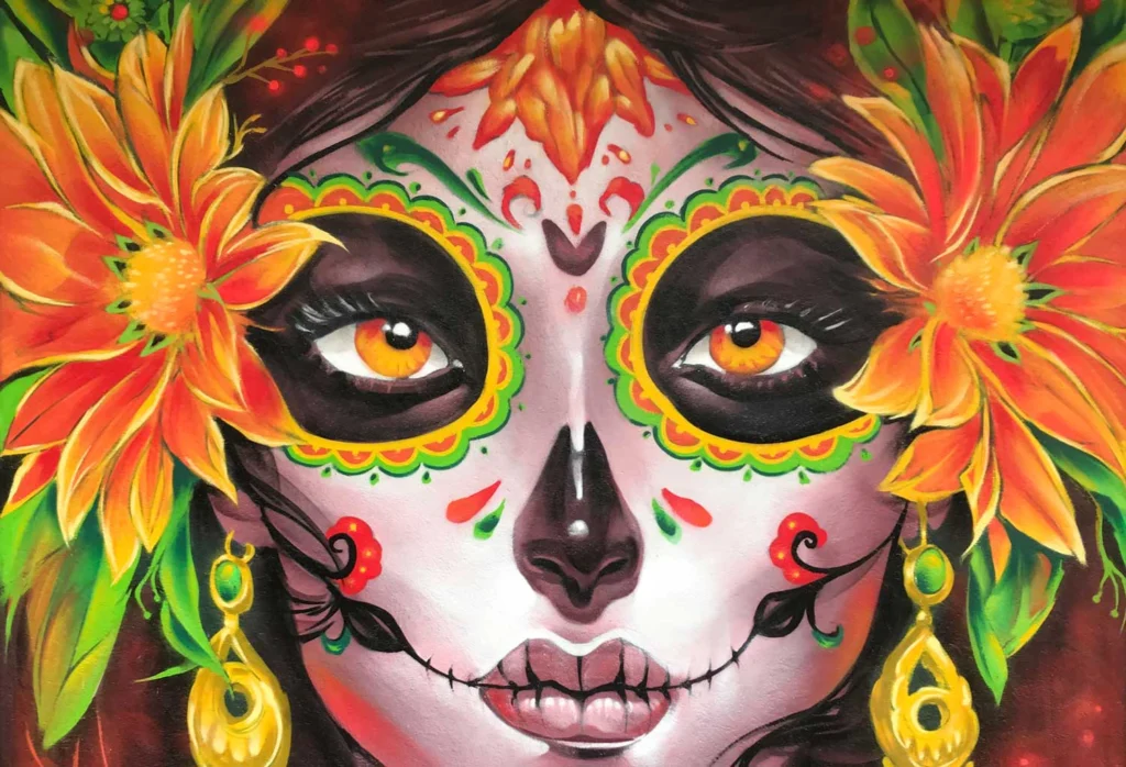 Mural con Catrina mexicana en restaurante, graffiti con color y cultura en Madrid