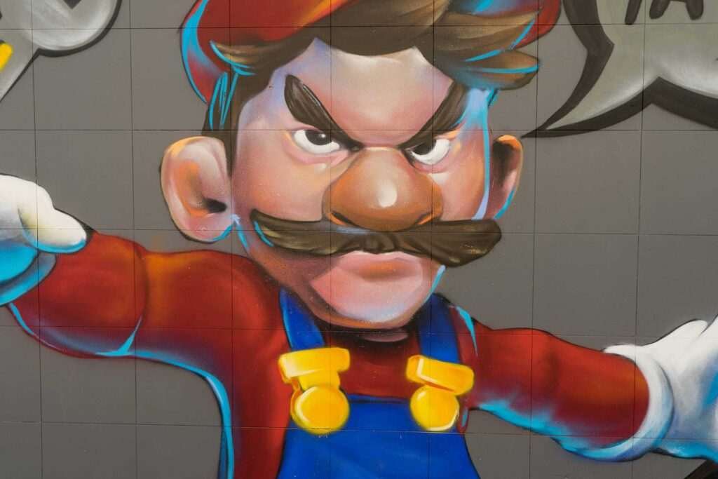 Mural para fontanería con personaje tipo Mario y herramientas, arte urbano comercial
