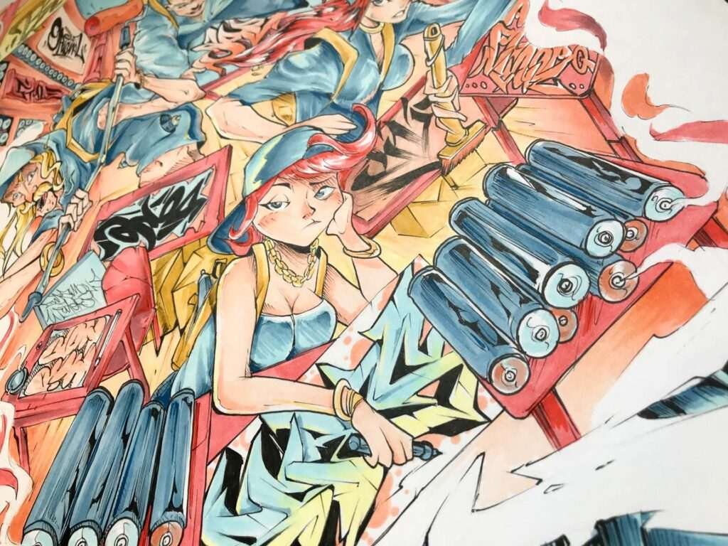 Ilustración graffiti a color con estilo artístico urbano