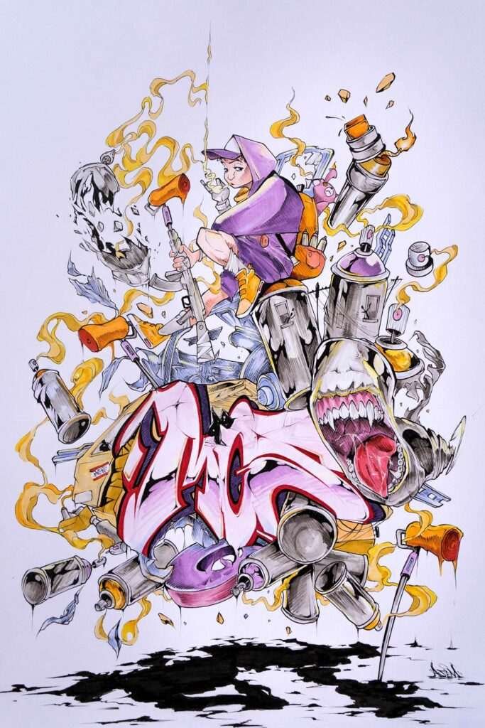 Ilustración urbana tipo graffiti con colores vivos