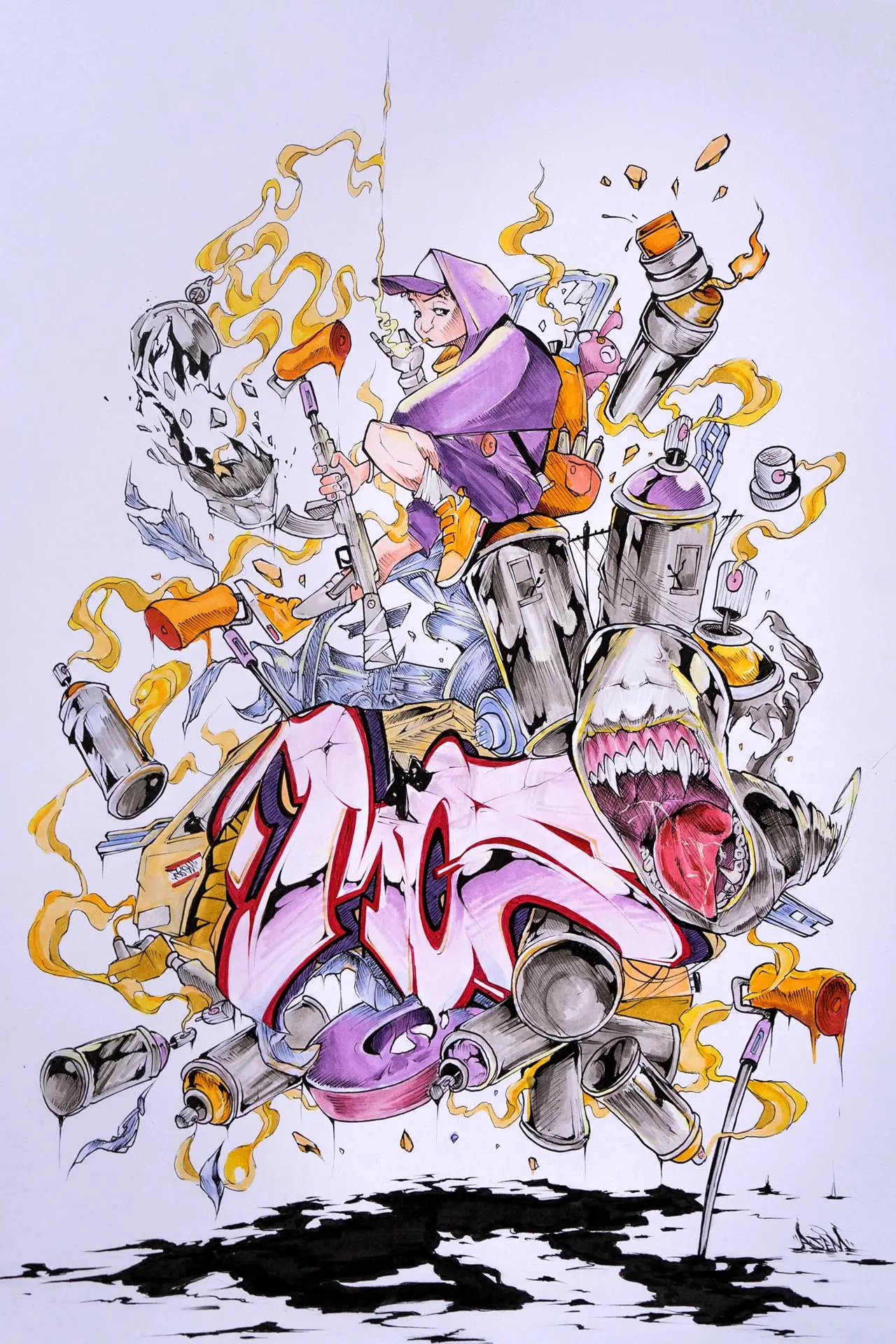 Ilustración urbana tipo graffiti con colores vivos