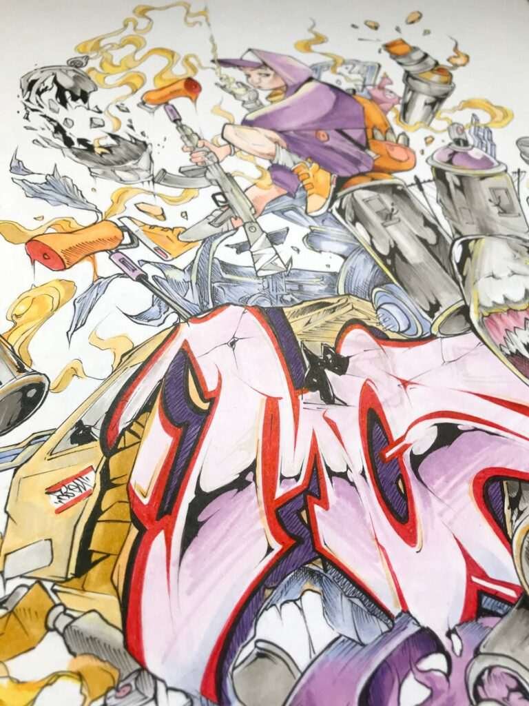 Ilustración urbana tipo graffiti con colores vivos