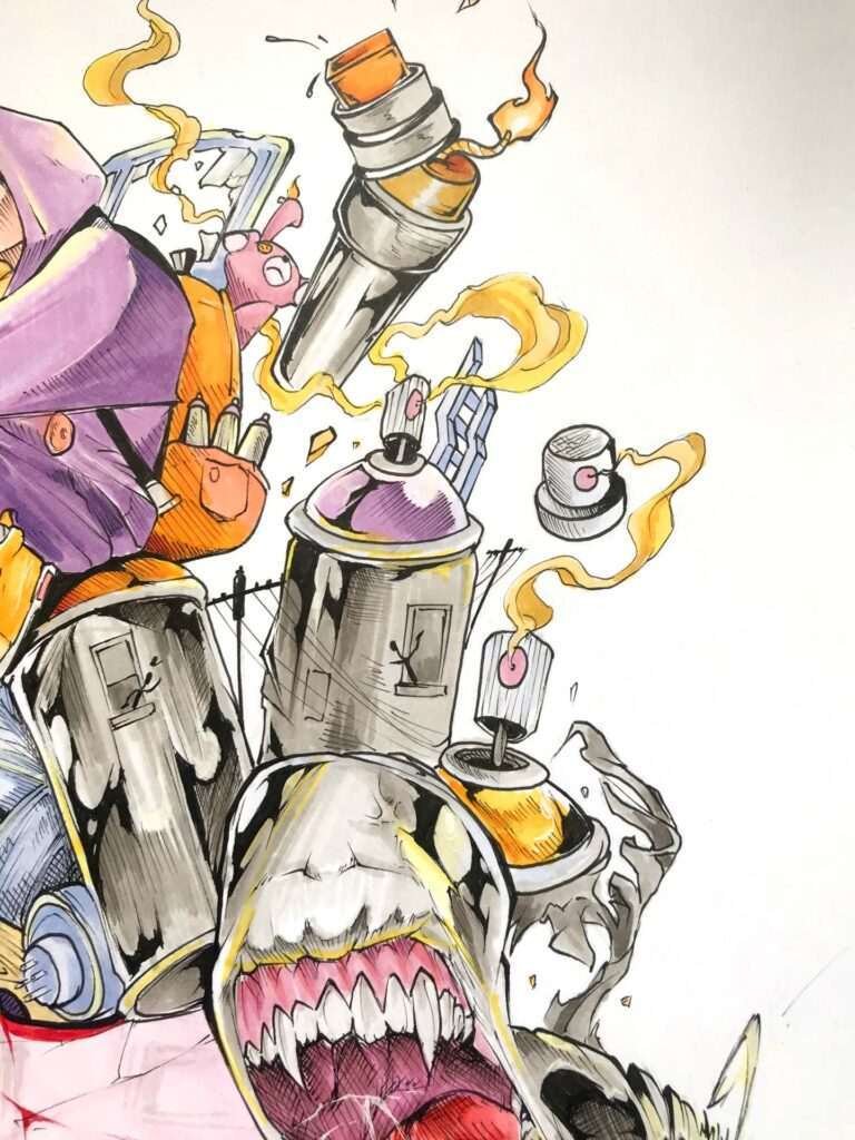 Ilustración urbana tipo graffiti con colores vivos