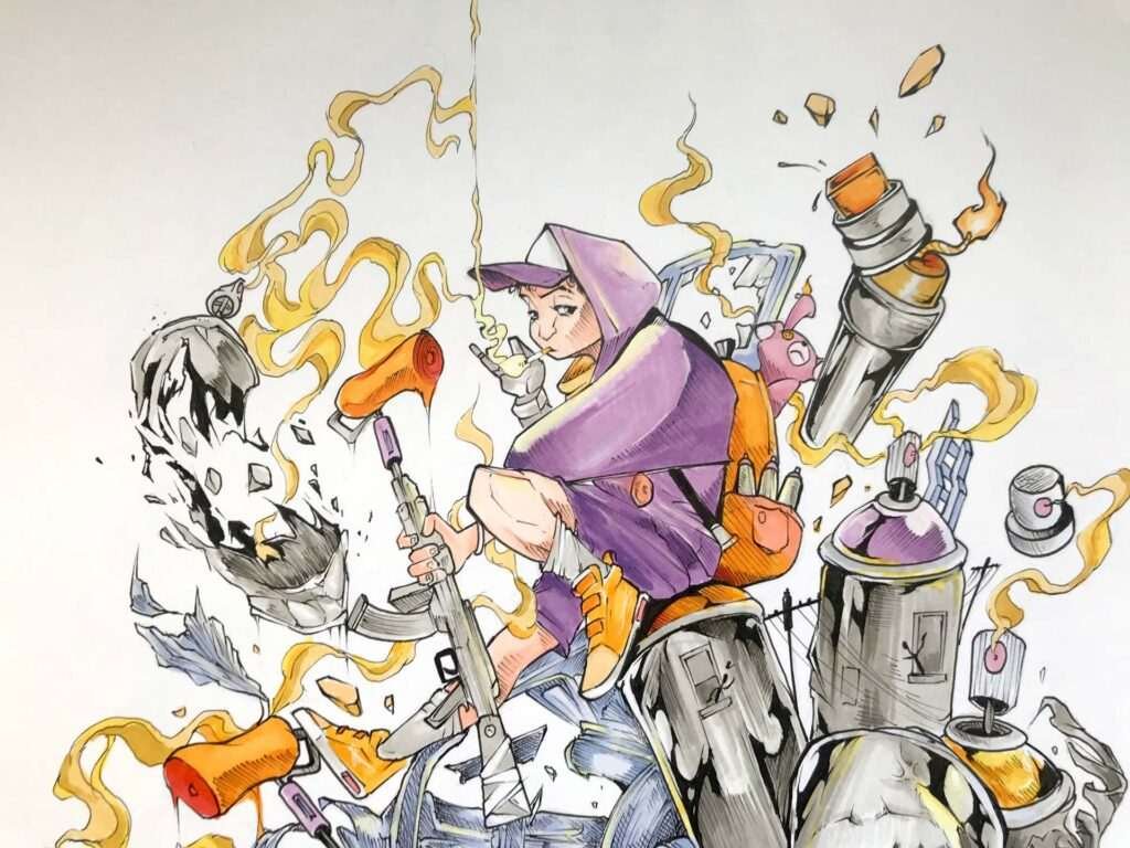 Ilustración urbana tipo graffiti con colores vivos