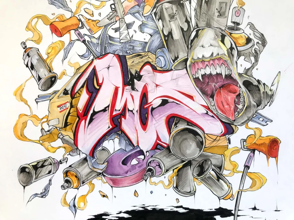 Ilustración urbana tipo graffiti con colores vivos