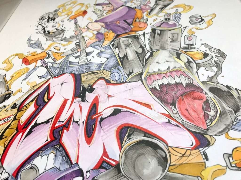 Ilustración urbana tipo graffiti con colores vivos