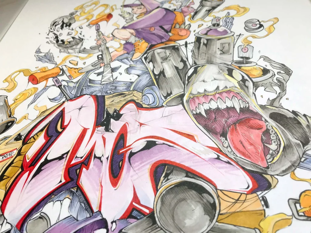 Ilustración urbana tipo graffiti con colores vivos