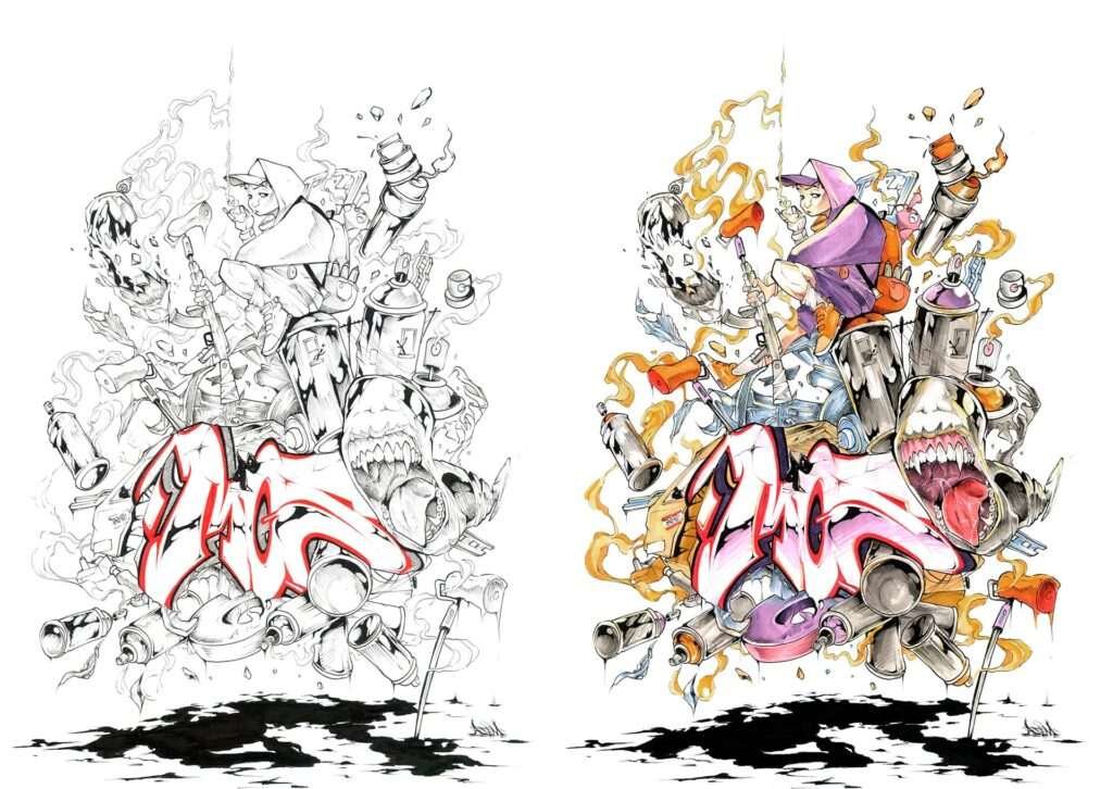 Ilustración urbana tipo graffiti con colores vivos