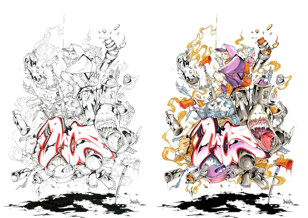Ilustración urbana tipo graffiti con colores vivos