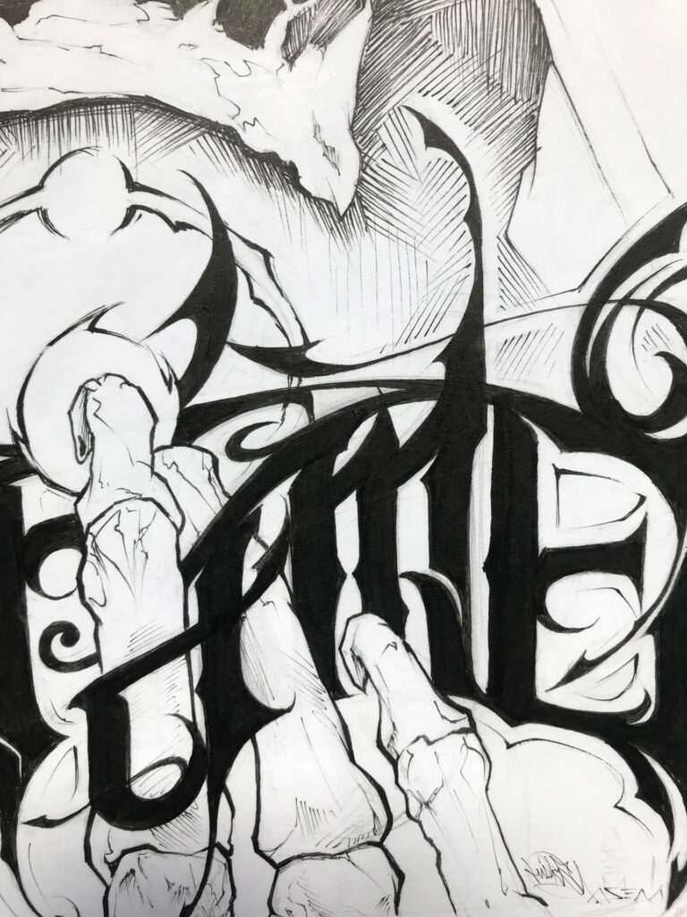 Ilustración graffiti personalizada en blanco y negro