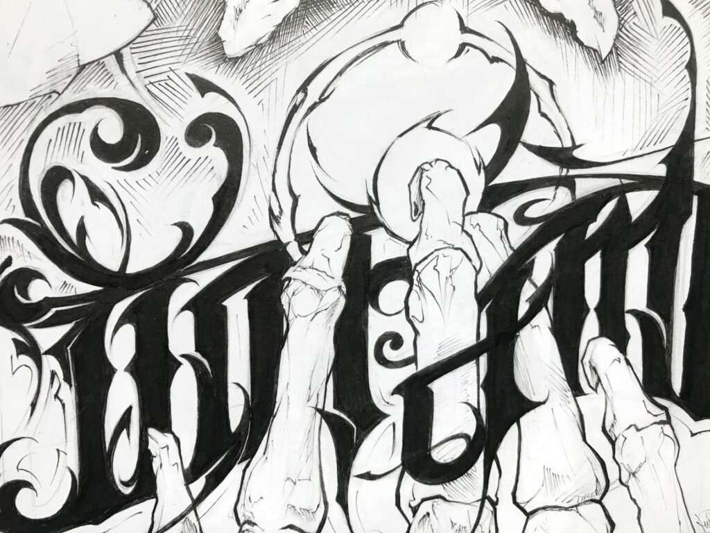 Ilustración graffiti personalizada en blanco y negro