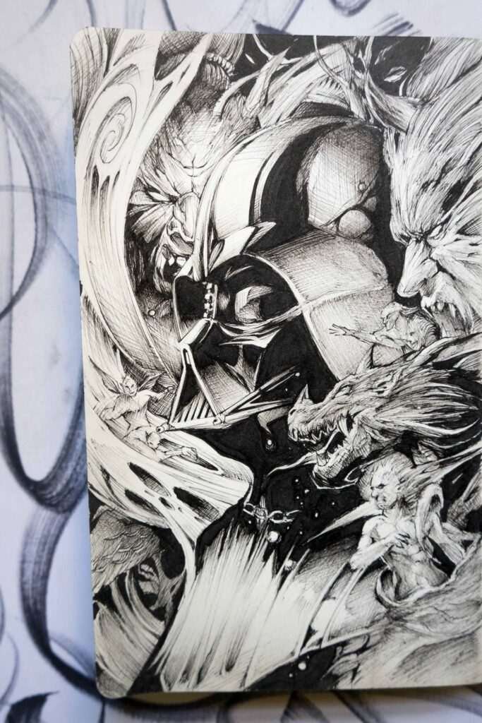 Detalle del casco de Darth Vader en ilustración personalizada con estética cinematográfica