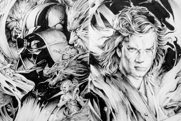 Ilustración de Darth Vader con fondo oscuro y acabado artístico de alto contraste