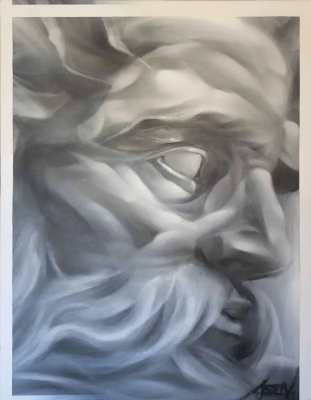 Zeus, retrato de mitología griega pintado con spray por Asem Navarro
