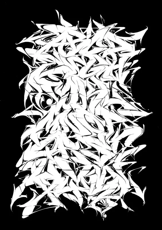 Abecedario graffiti blanco "Magnam" sobre fondo negro de ASEM NAVARRO
