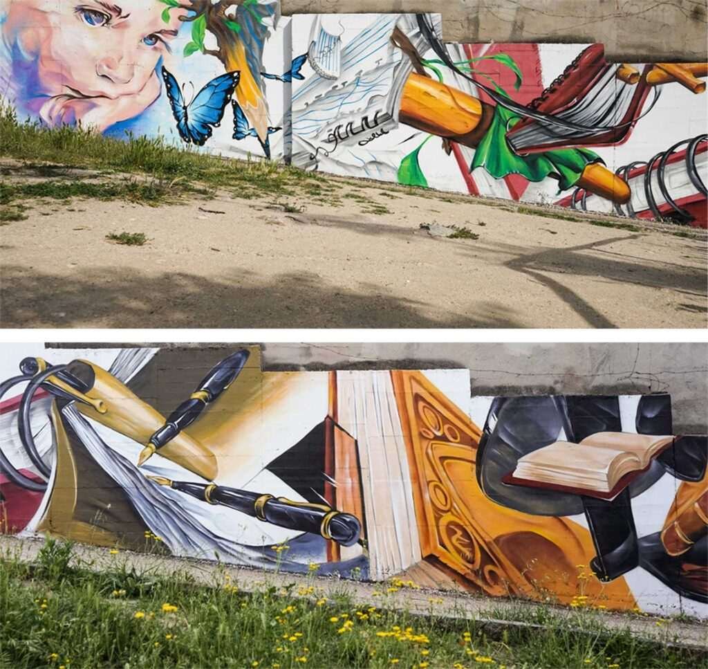 Doble plano obra "Aprendizaje" · infancia y conocimiento · mural artístico IES Isaac Newton Madrid · El Arte Urbano
