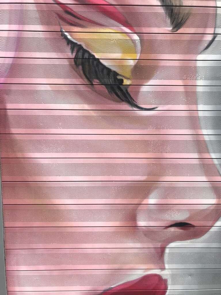 Retrato femenino en cierre de clínica Carmela Dávila, mural artístico para negocio de belleza