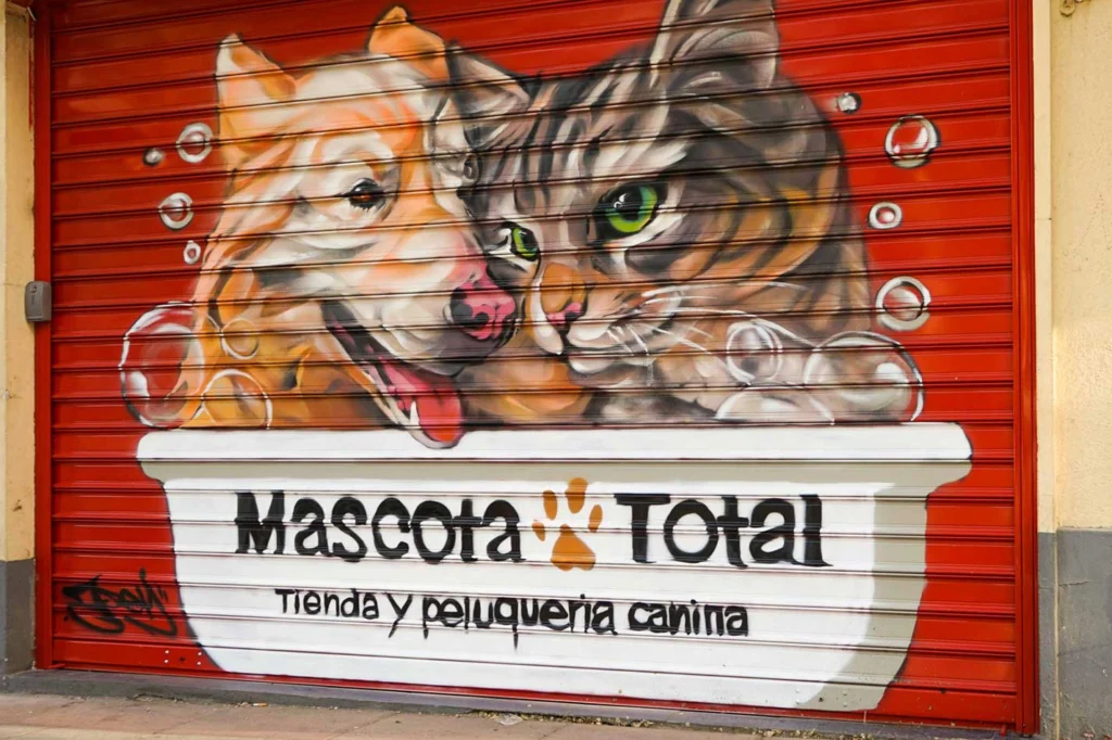 Graffiti con perro y gato en bañera para tienda veterinaria Mascota Total