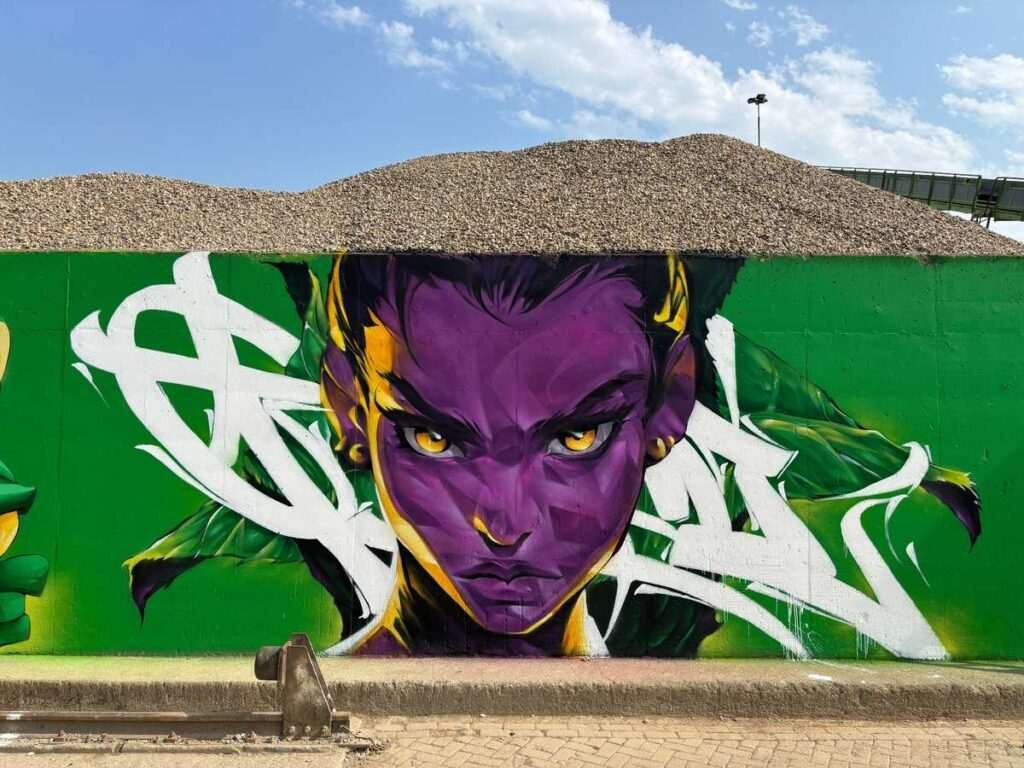 Graffiti retrato morado en festival de arte urbano en Holanda
