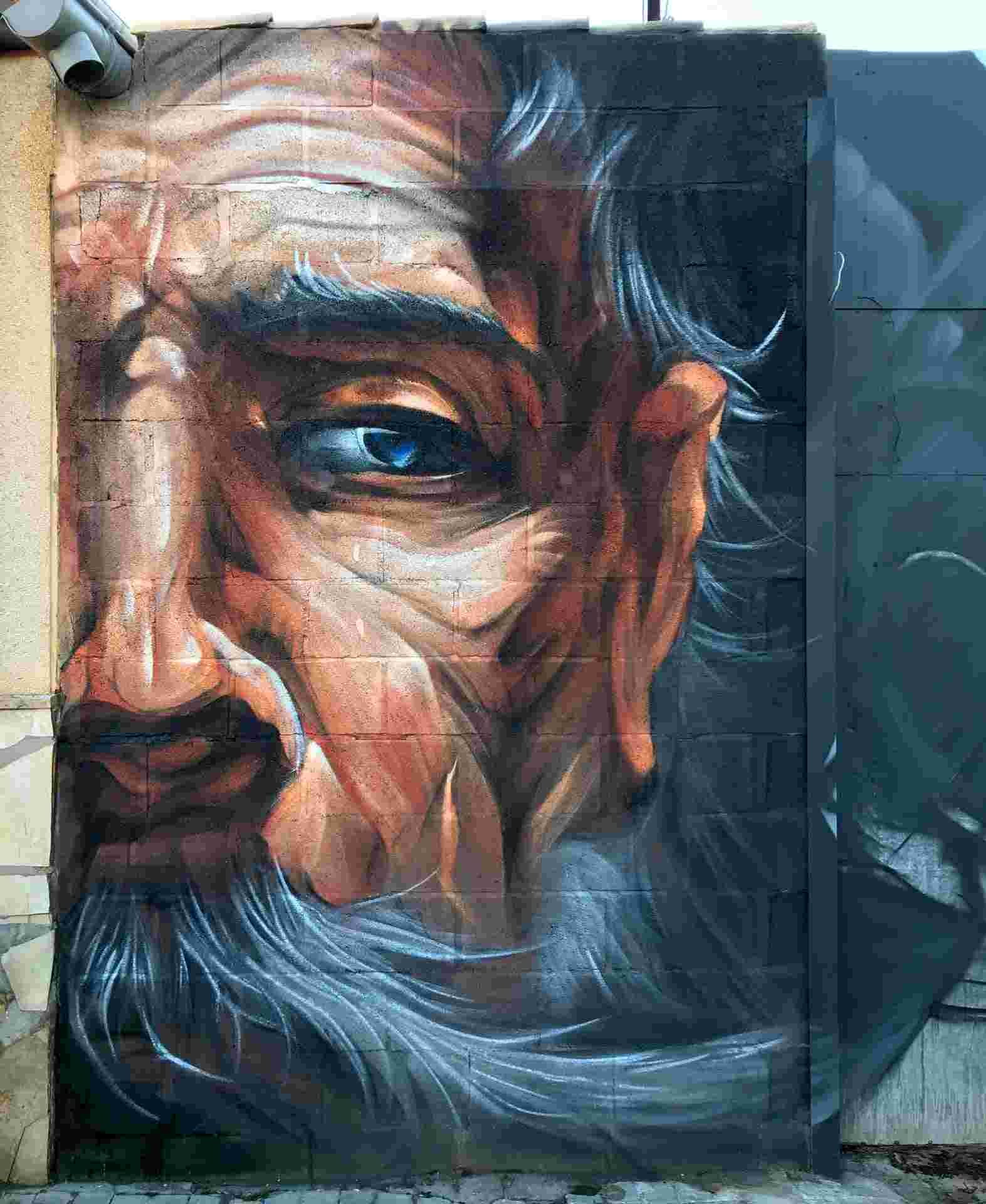 Graffiti de Don Quijote y aves en mural público en Villacañas, Toledo